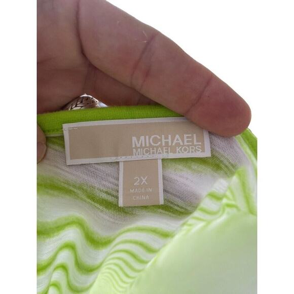 2X Michael Kors Green Striped Sleeves Gathered Tie Shoulder Shirt Blouse - Picture 7 of 7